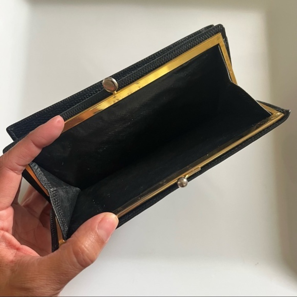 SALVATORE FERRAGAMO Leather Black Embossed Wallet Gold Checkbook Coin Holder - Picture 4 of 7